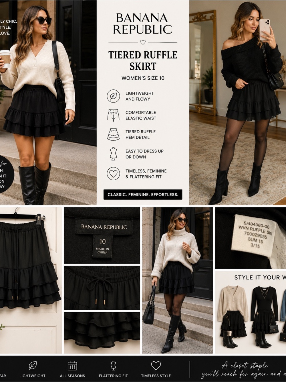 Banana Republic Ruffle Mini Skirt 10 Black Elastic Waist Tiered Flowy Coquette